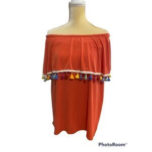 Judith March Mandarin Orange Pom Pom Off Shoulder Top Colorful - Size Medium